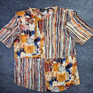 Vintage Carole Little Silk Blouse Women 18W Abstract Boho Shirt Tunic Top Slit